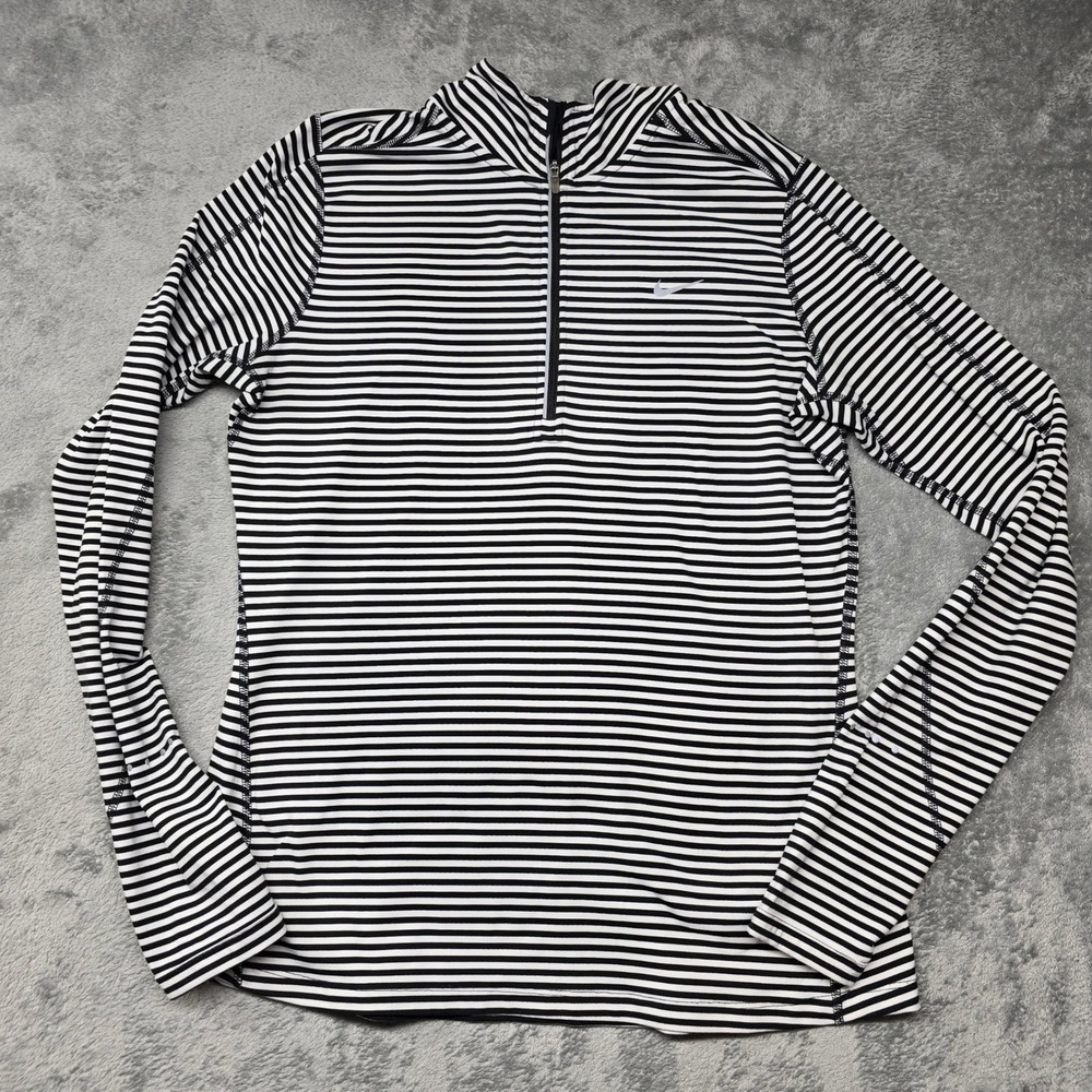 Nike Dri-FIT Black White Striped 1/4 Zip Running Top Womens‎ Large Thumbholes